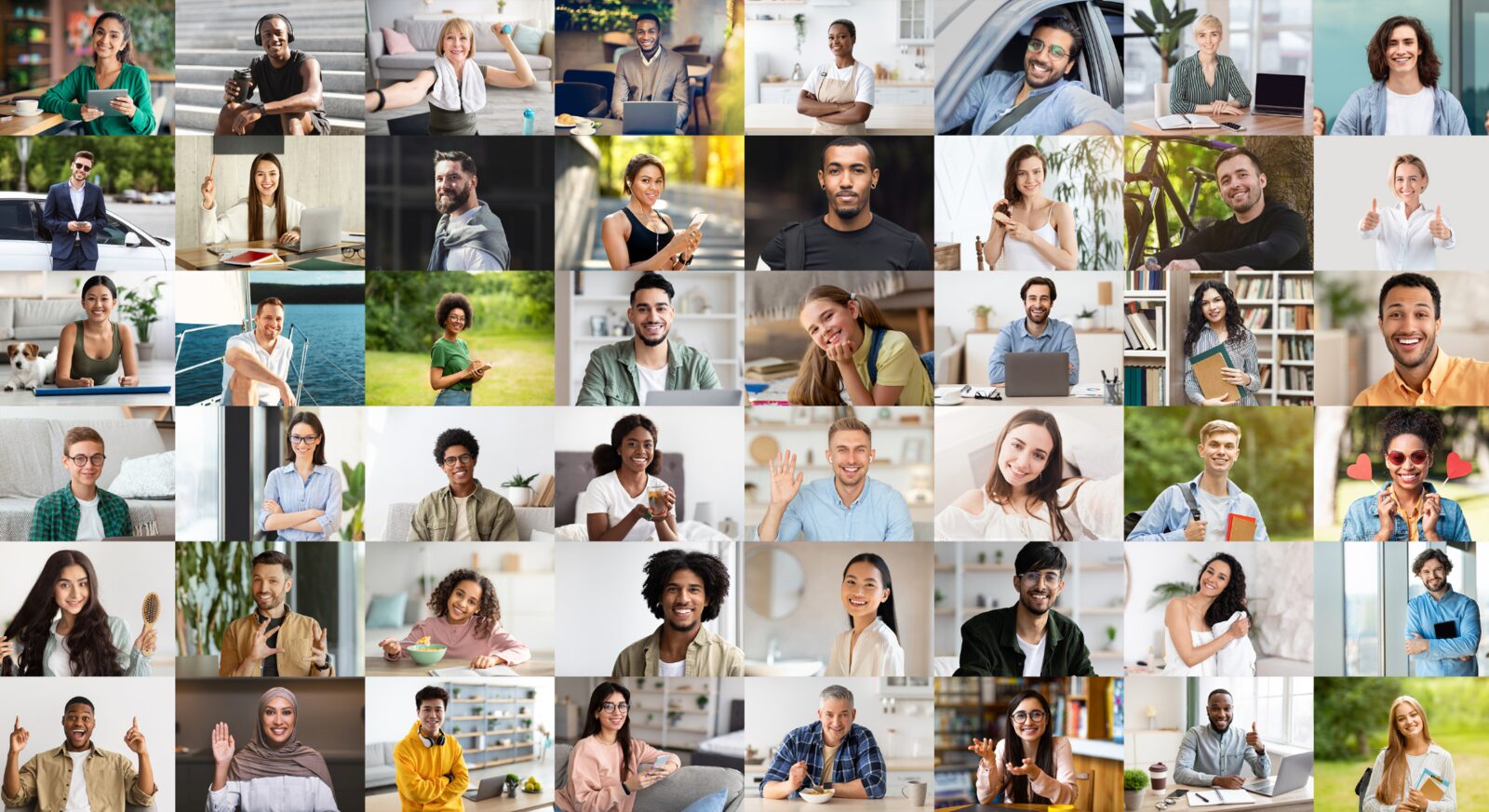 A mosaic of many different people smiling — a diverse range of ages and backgrounds