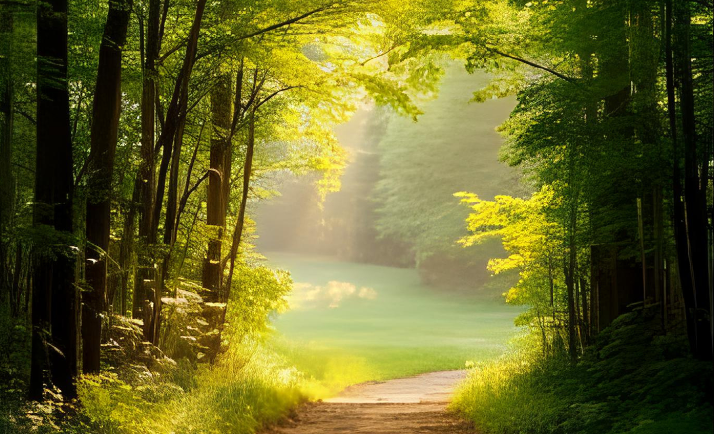A sunlit woodland path through the estate grounds — the setting for the retreat’s morning embodiment walk